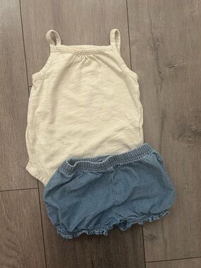 6 mo girl's Carter two-piece summer set - ivory tank top & denim bubble shorts